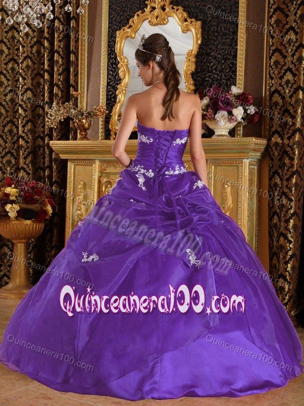 Eggplant Purple with White Appliques Ruching and Ruffles Sweet 16 Dress