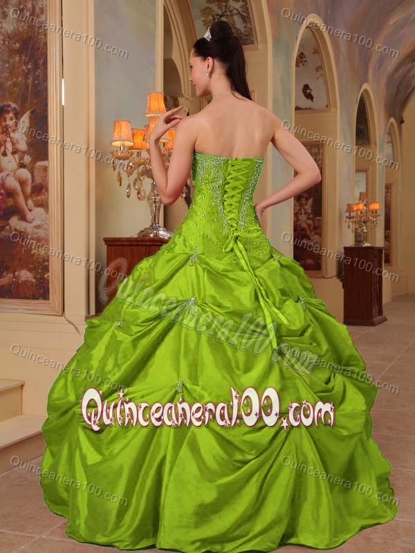 Yellow Green Taffeta Pick-ups Beading Sweet 16 Dress Floor-length