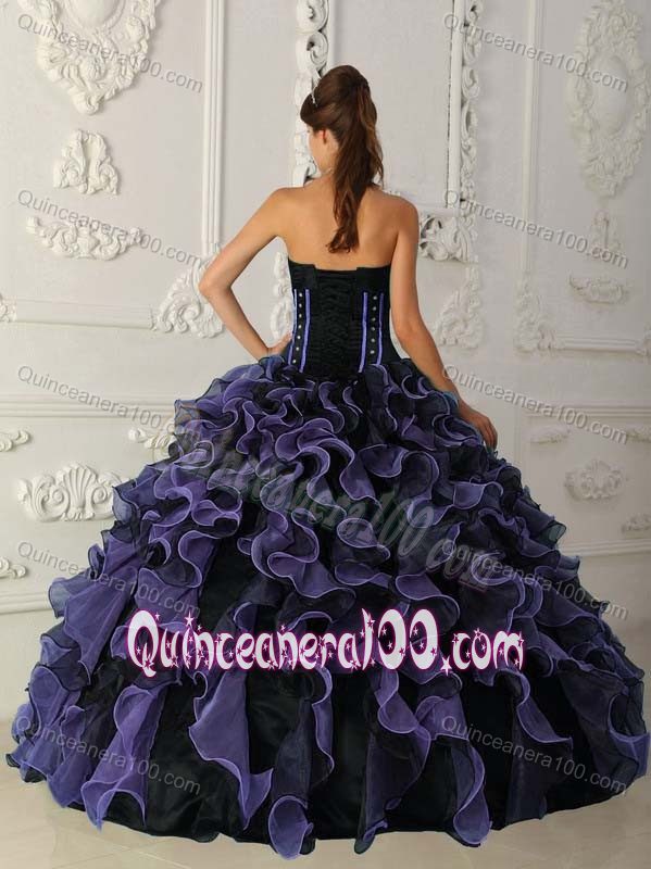 Latest Purple and Black Beaded and Ruffled Quince Dress for Sale