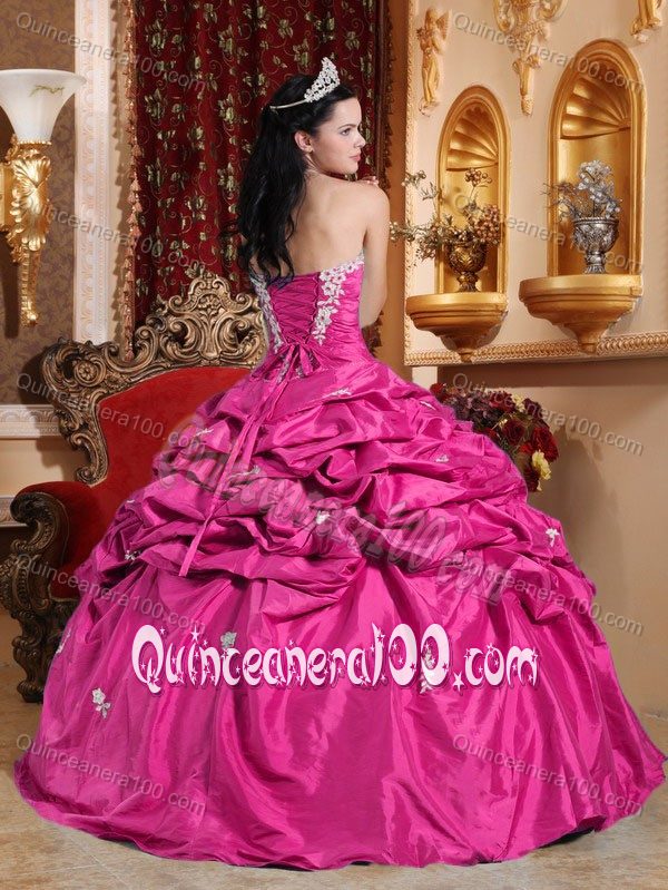 Pick Ups Hot Pink Dress for Quinceaneras with White Appliques