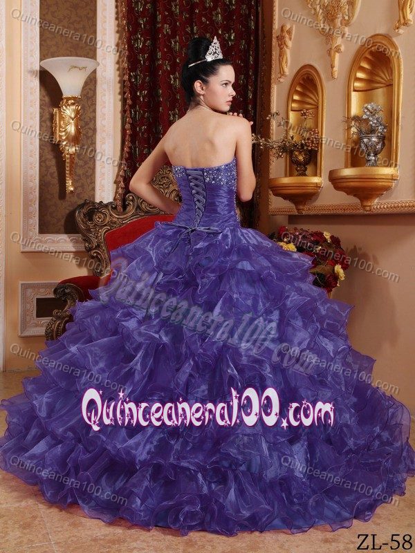 Ruffled Purple Organza Quinceanera Dress with Beading and Ruches
