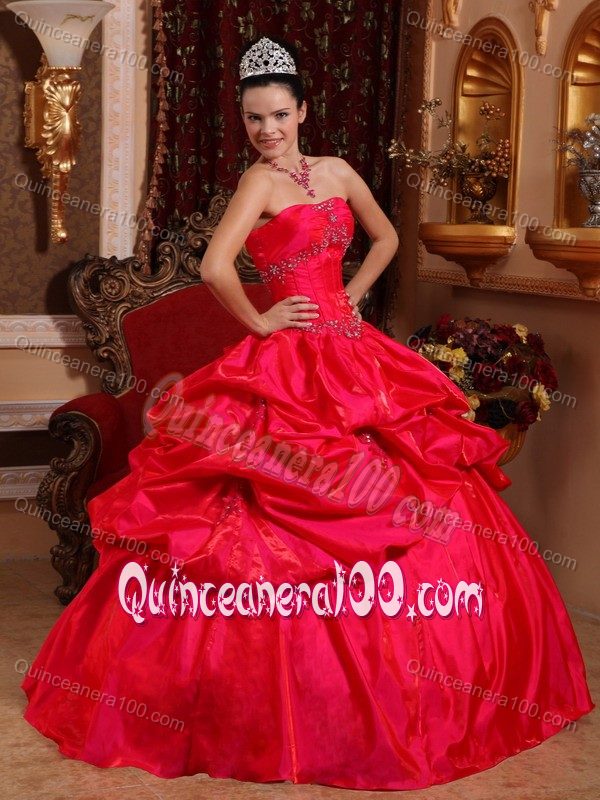 Beautiful Corset Bright Red Quinces Dresses with Taffeta Pick-ups