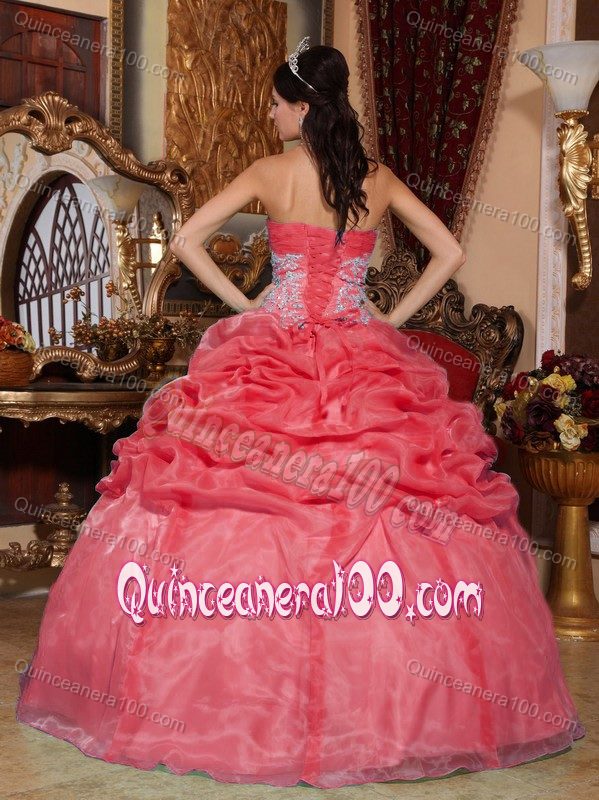 Coral Organza Quinceanera Dress with Beaded Appliques on Waist
