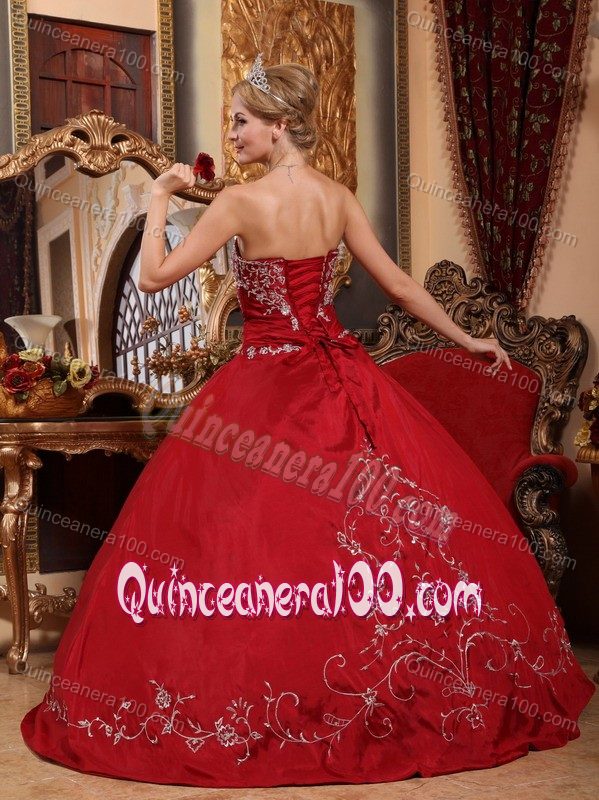 Wine Red Satin Quinceanera Gown with Embroidery and Beading