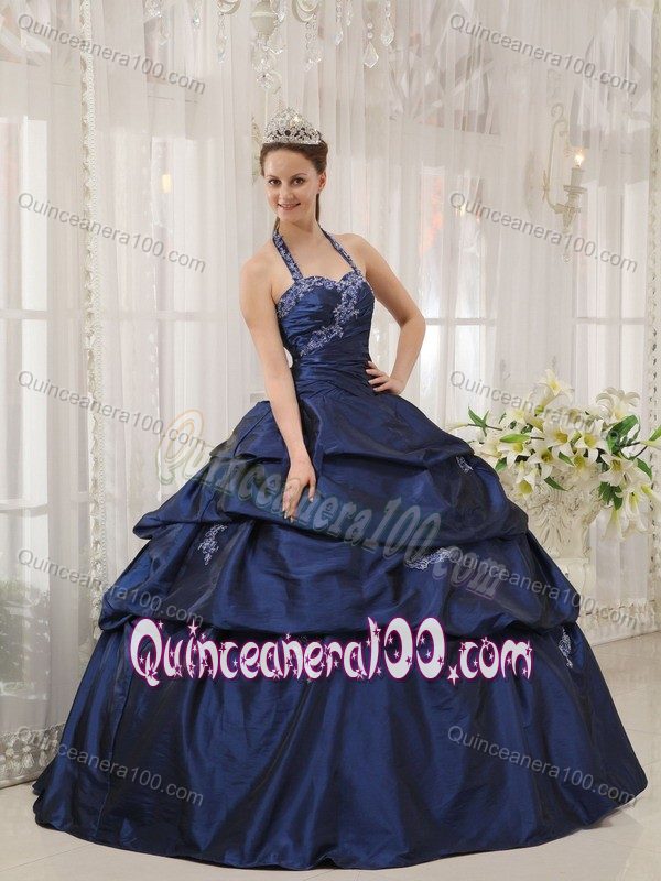 Halter Top Navy Blue Sweet 16 Dress with Appliques and Pick-ups