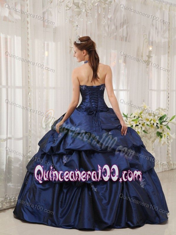 Halter Top Navy Blue Sweet 16 Dress with Appliques and Pick-ups