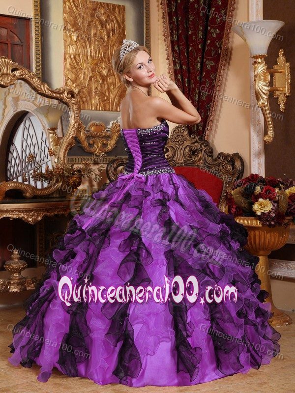 Sweetheart Black and Purple Quinceanera Dress with Beading and Ruffles