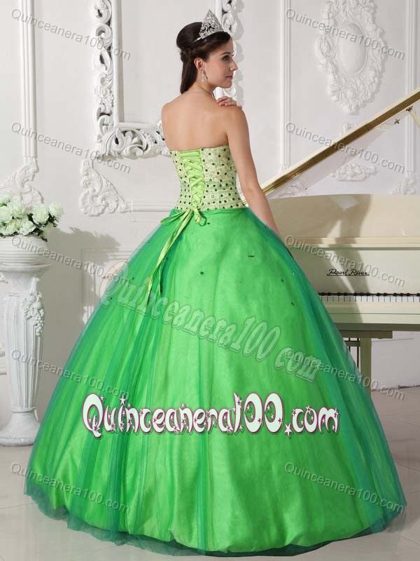 Green Sweet 16 Dress with Colored Beading in Tulle and Taffeta