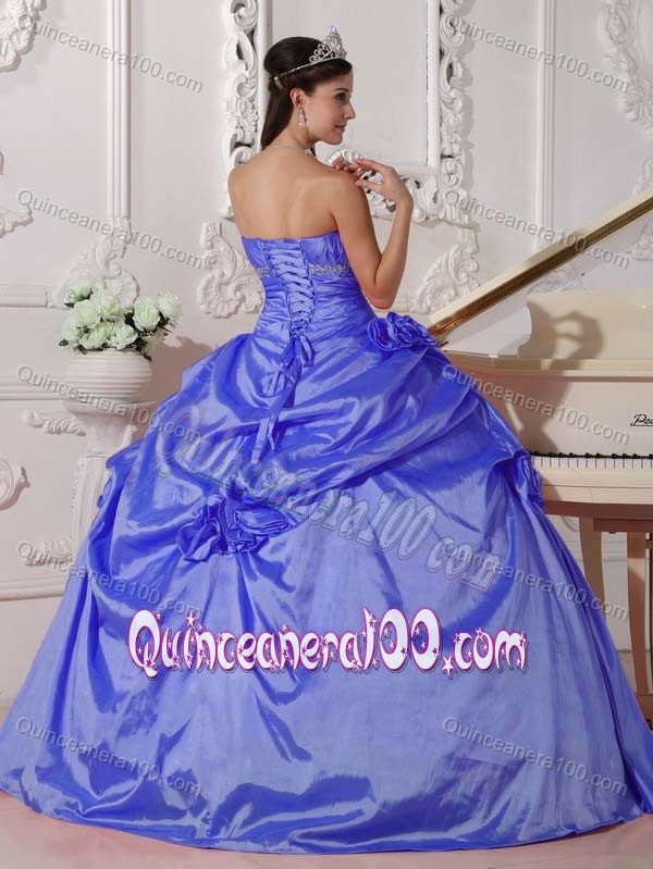 Blue Quinceanera Gown with Beading and Hand Made Flowers in Taffeta