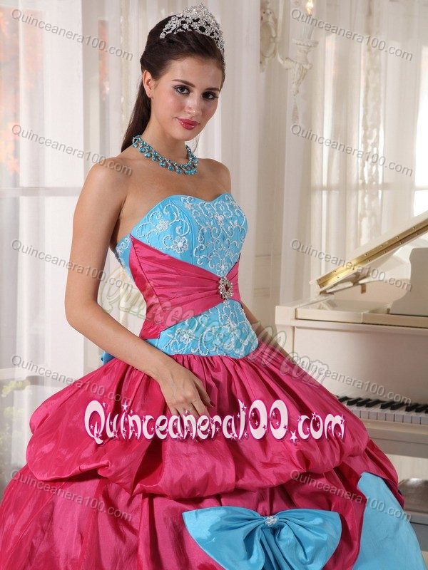 Bowknots Blue and Pink Quinceanera Dress Embroidery Pickups