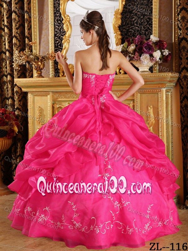 Appliques Ruching Pick-ups Hot Pink Quinceanera Dress Strapless