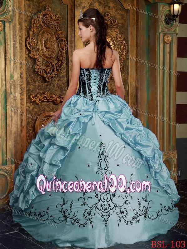Strapless Black and Blue Quinceanera Gown Embroidery Pick-ups