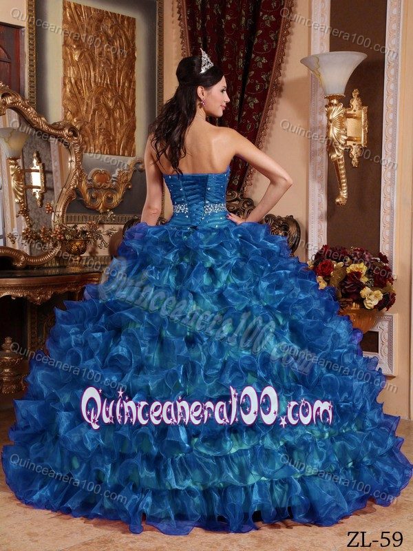 Beading Ruffle Layers Full Skirt Quinceanera Dress Peacock Blue