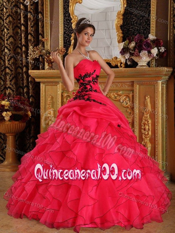 Appliques and Ruffles Accent Dress for a Quinceanera in Coral Red