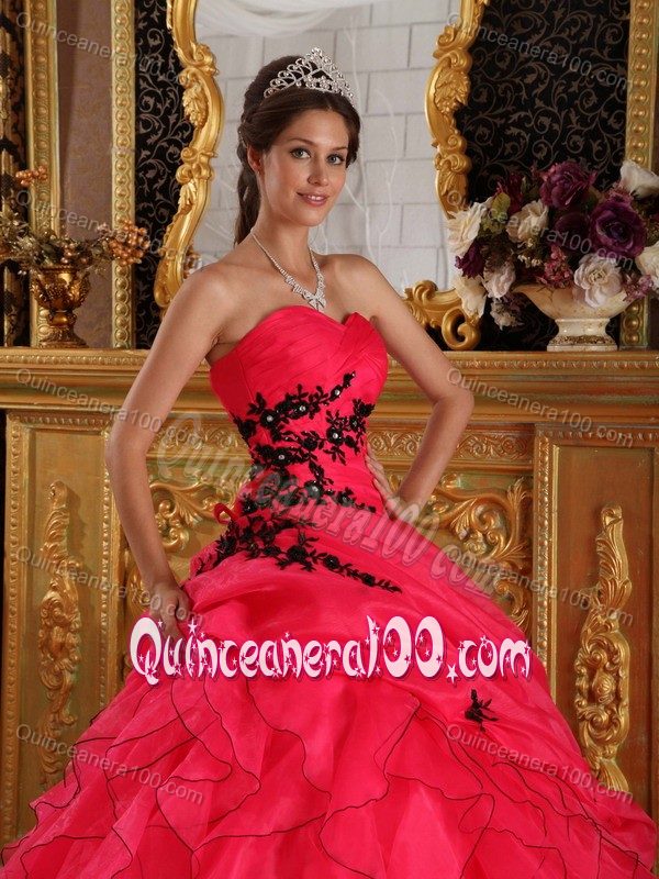 Appliques and Ruffles Accent Dress for a Quinceanera in Coral Red