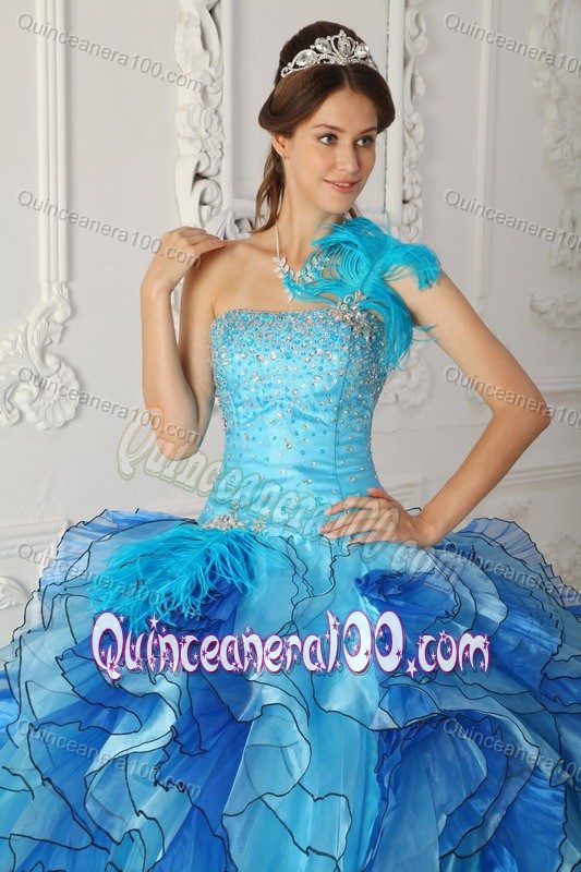 Two Toned Blue Dresses for A Quinceanera with Feather and Ruffles