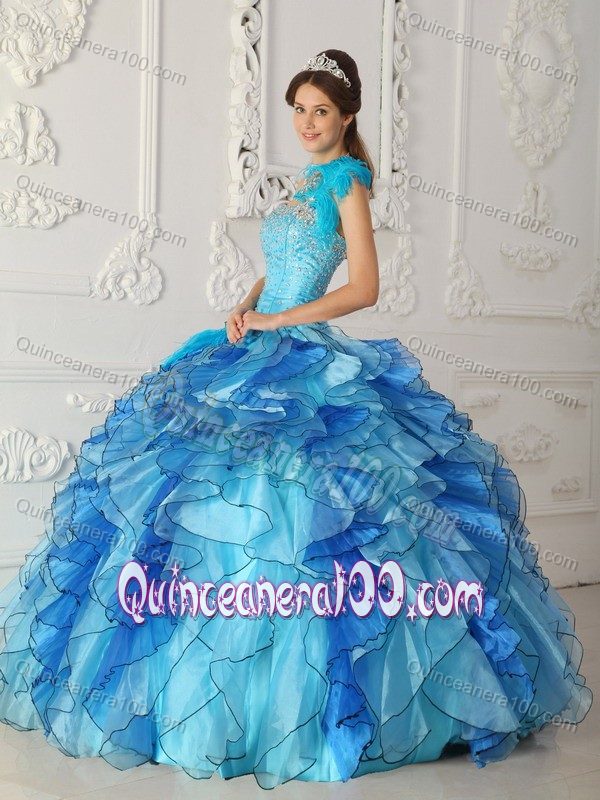 Two Toned Blue Dresses for A Quinceanera with Feather and Ruffles