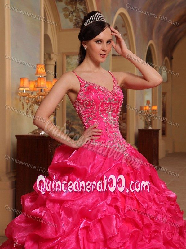 Embroidered Hot Pink v Neck Sweet Sixteen Dresses with Court Train