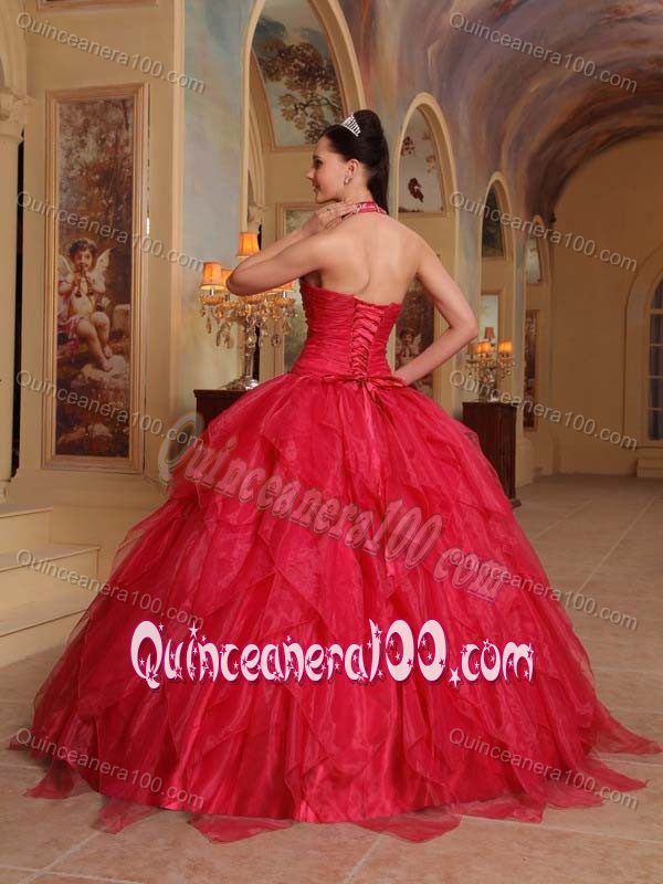Red Halter Organza Embroidery and Ruffled Sweet Sixteen Dresses