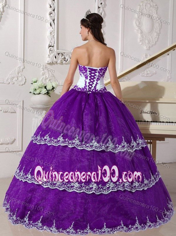 Fashionable Purple and White Organza Sweet 15 Dresses with Appliques Jersey Shore dress