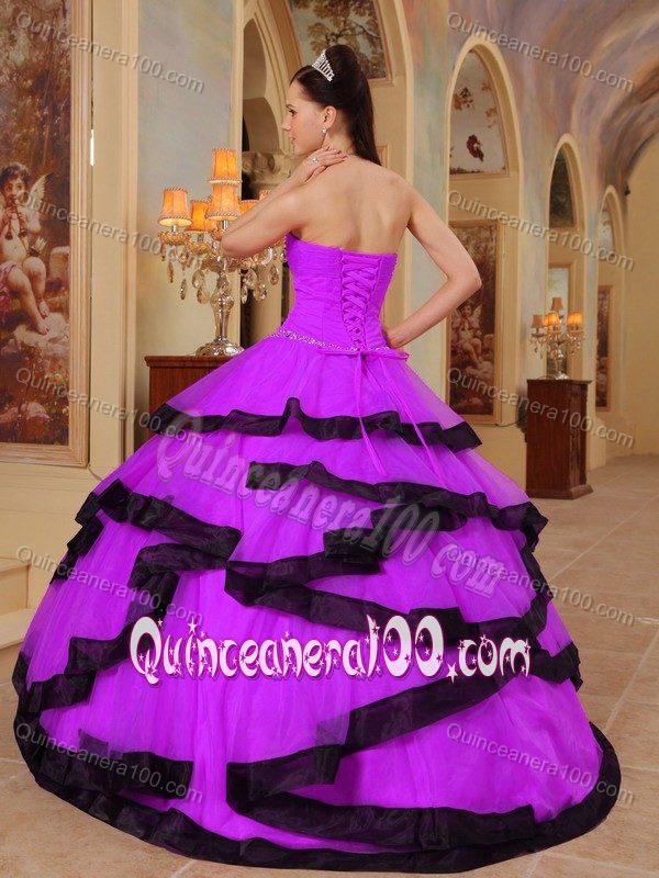Strapless Beading Black Frills Quinceanera Gown Dresses