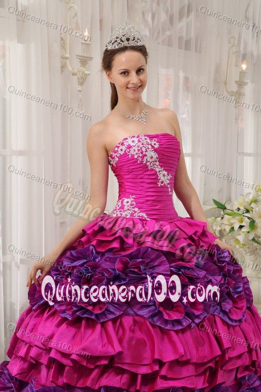 Appliqued Ruched Fuchsia Dress for Quinceanera with Puffy Rufflesfor Julia Roberts