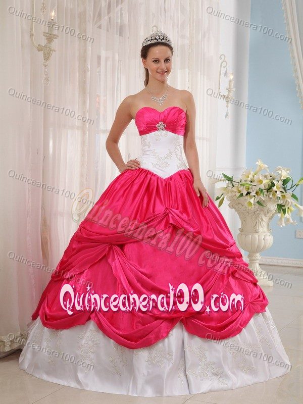 Appliqued Sweetheart Dress for Quinceanera in White and Hot Pink