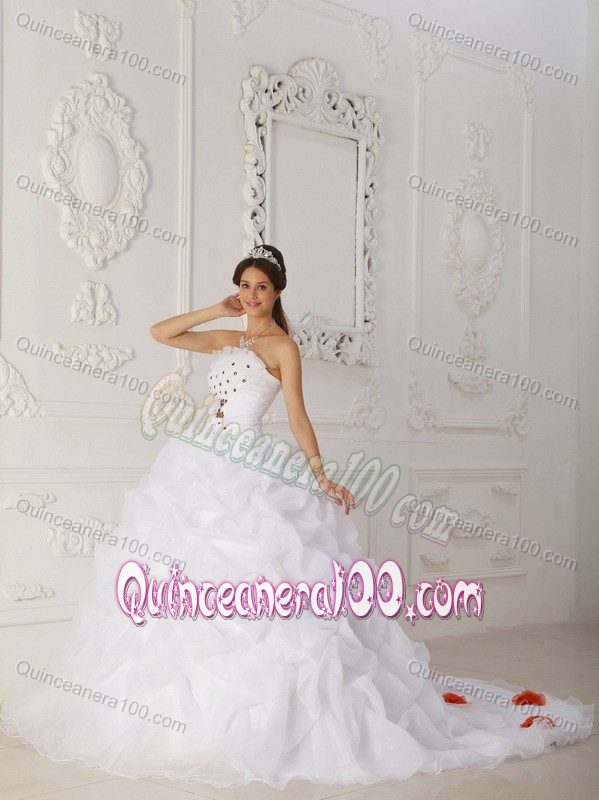 White Organza Strapless Dress for Quinceanera with Red Flowers