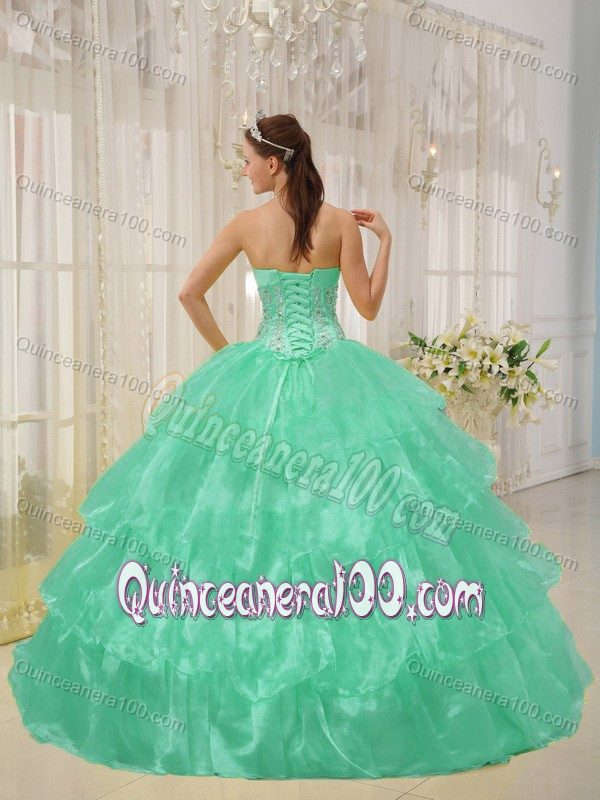 Beaded Apple Green Organza Dresses for A Quinceanera with Flowers