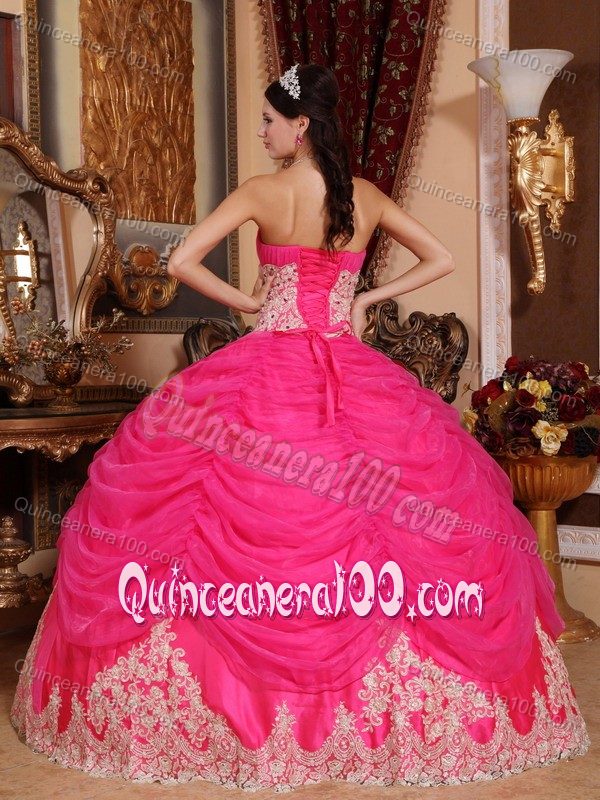 Appliqued Waist and Hem Hot Pink Sweet 16 Dresses with Pick ups