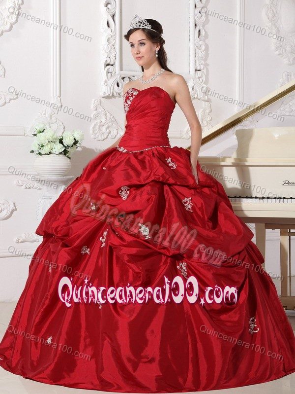 Appliqued and Ruched Taffeta Sweetheart Wine Red Sweet 16 Dress