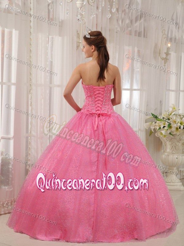 Beaded Rose Pink Sweetheart Sweet 15 Dresses Sequins Over Skirt