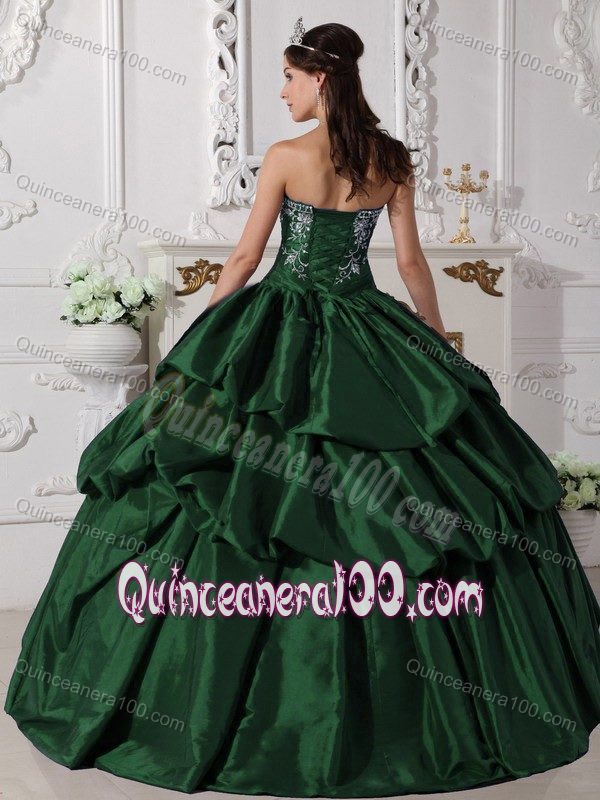 Best Embroidered Strapless Taffeta Dark Green Sweet 15 Dresses