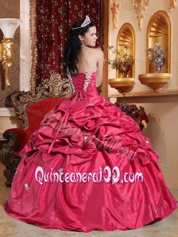 Appliqued Coral Red Taffeta Quinceanera Dress with Pick ups 2013