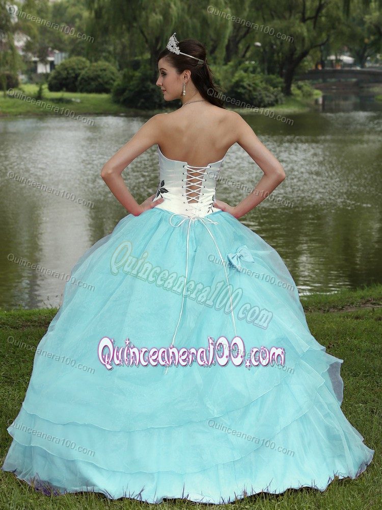 Baby Blue and White Strapless Dress for Quince with Embroidery