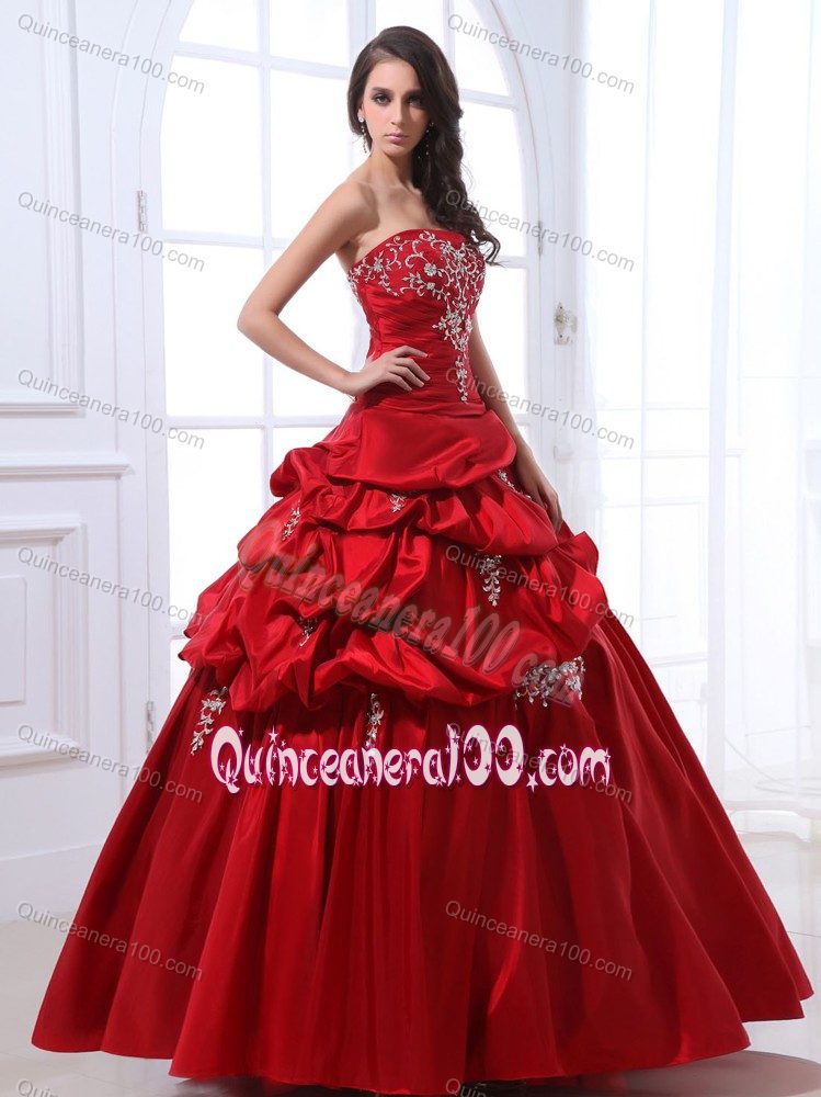 Taffeta Wine Red Quinceanera Gown with Appliques Pick Ups