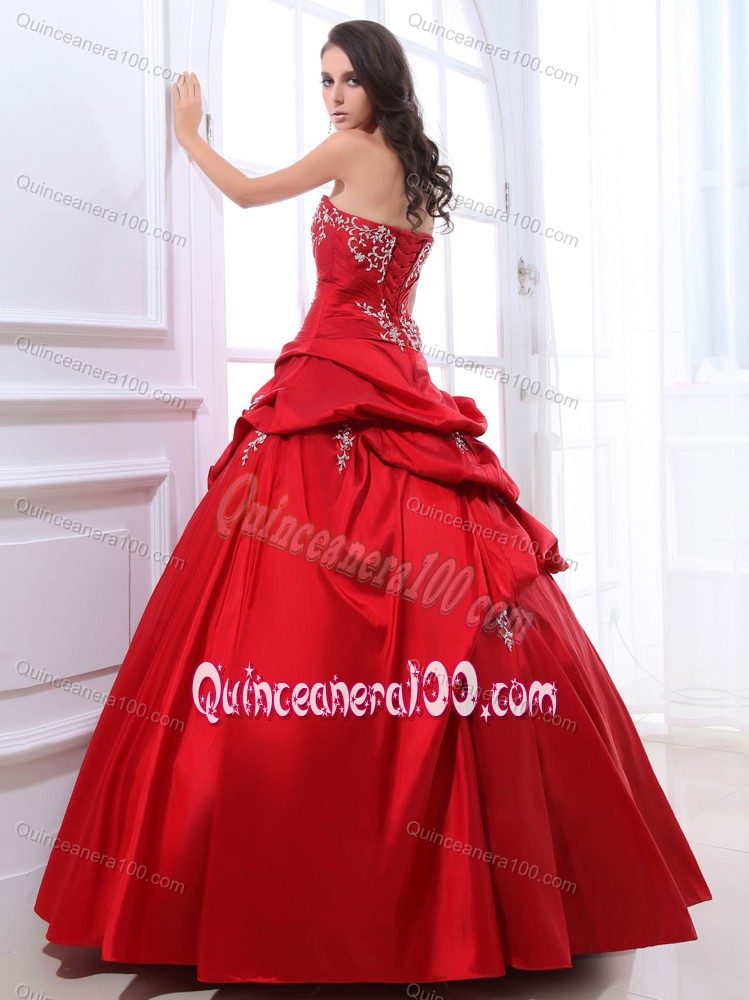 Taffeta Wine Red Quinceanera Gown with Appliques Pick Ups