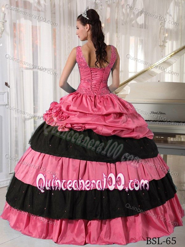 Two-toned V-neck Appliqued Quinceanera Gowns with Flowers