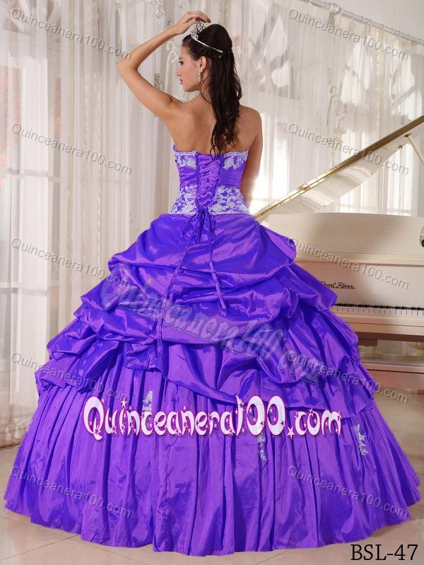 Appliqued Sweetheart Purple Sweet Sixteen Dress with Pick Ups