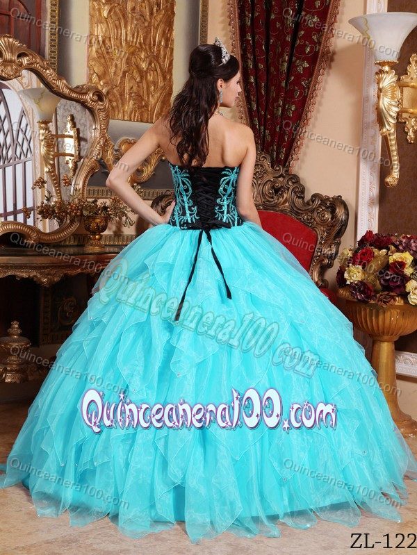 Aqua Blue Ruffled Quinceanera Party Dresses with Embroidery