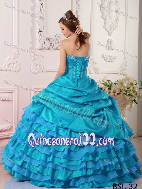 Strapless Aqua Blue Ruffled Beaded Quinceanera Dress Ball Gown