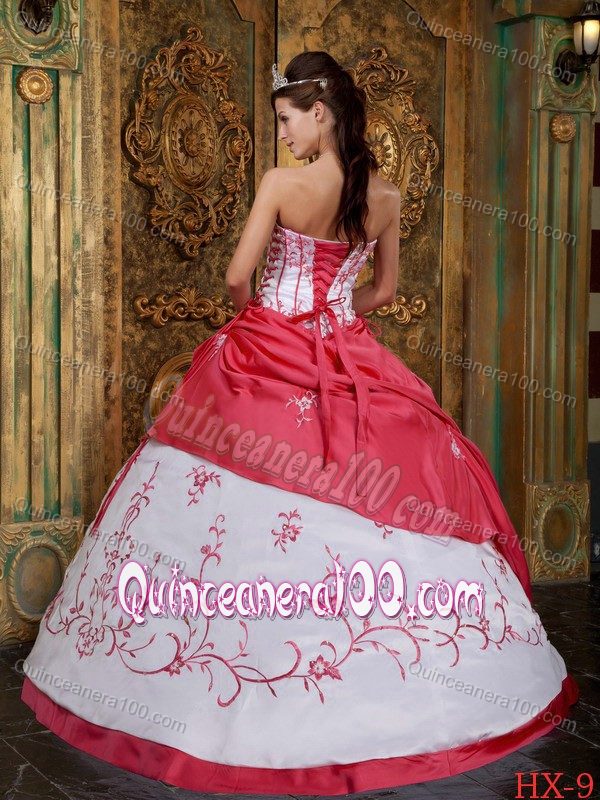 Red and White Quinceanera Dress with Embroidery and Appliques