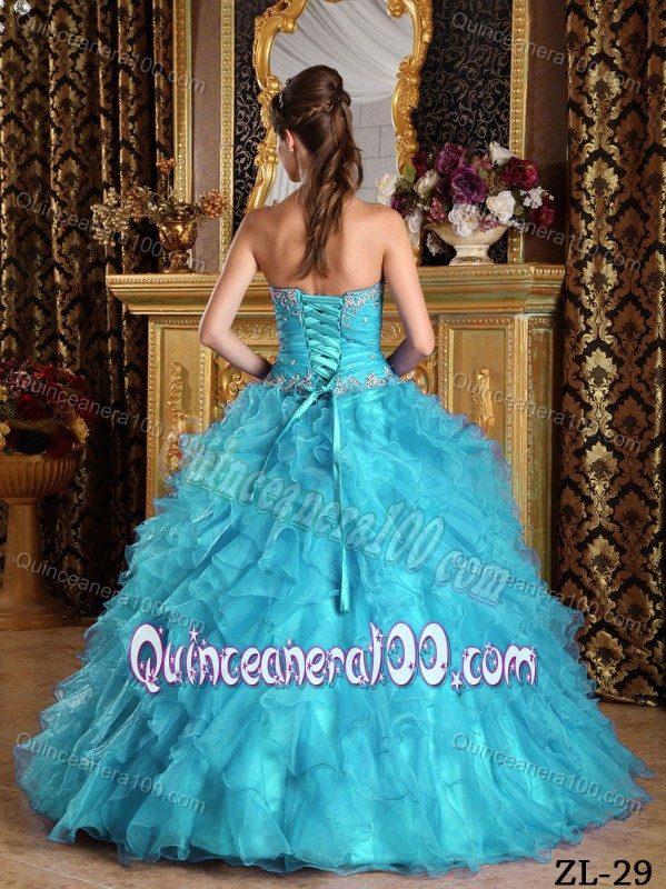 Aqua Blue Quinceanera Dress with Sweetheart and Ruffled Overlay
