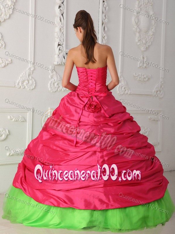 Green and Red Sweetheart Dress For Quince with Appliques and Ruches