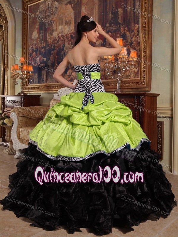 Yellow Green and Black Quinceanera Dress with Bodice by Zebra Print Fabric