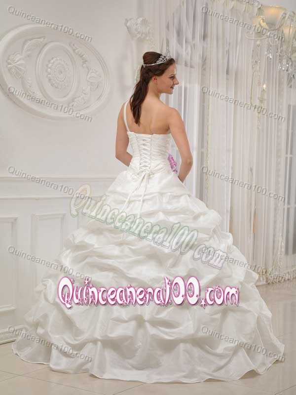 White One Shoulder Quinceanera Gown with Beading and Fuchsia Flowers