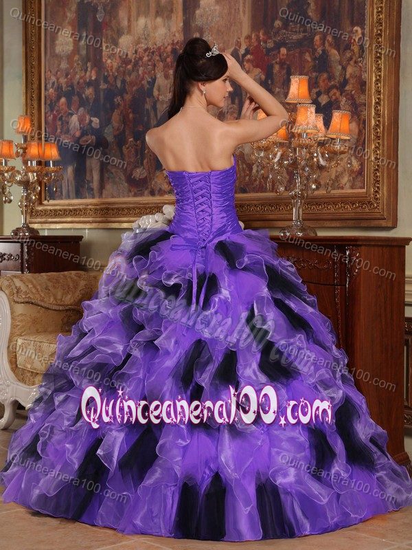 Purple and Black Strapless Quinceanera Dress with Beading and Ruffled Skirt