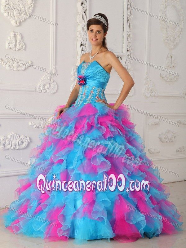 Blue and Pink Sweet 16 Quinceanera Dresses with Appliques and Flowers