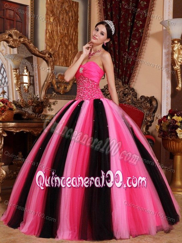 Hot Pink and Black Sweet Sixteen Quinceanera Dresses by Taffeta and Tulle