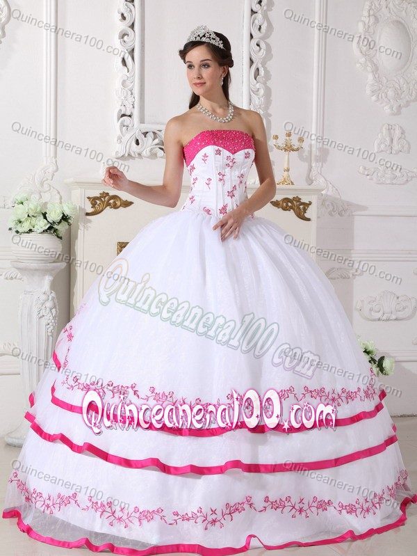 White and Hot Pink Strapless Dress For Quinceanera with Boning Details